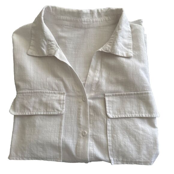 White Linen Collarless Button Shirt Roll Tab Sleeve Women’s Size XL Pock… - Picture 2 of 11